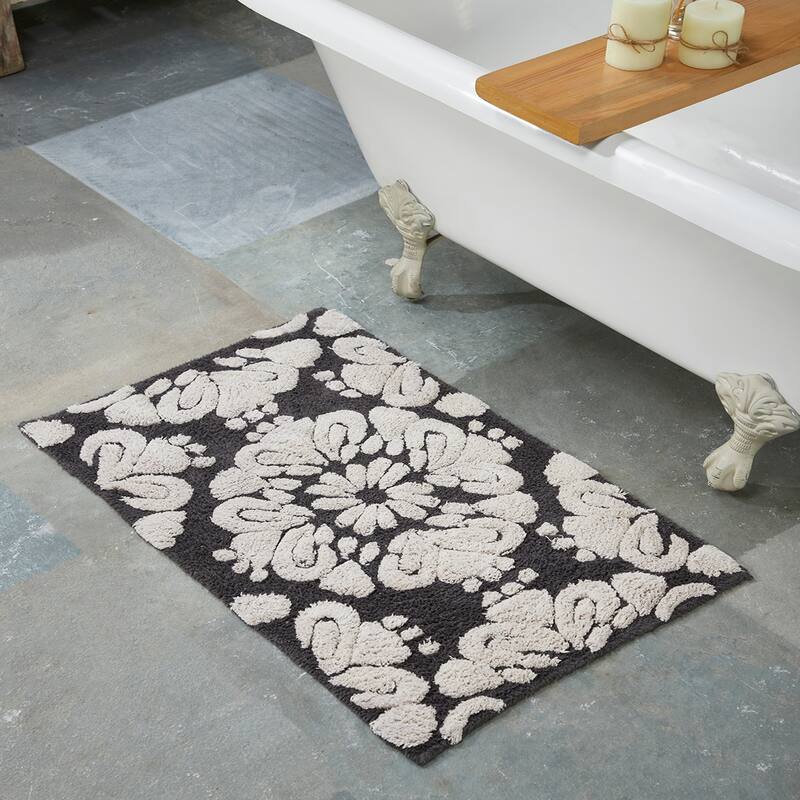 Better Trends Medallion Collection 100% Cotton 2-Pc Set Bathroom Rugs-Soft & Super Absorbent, Non-Skid Latex, Machine Washable - 2 Piece Set (17" x 24" | 24" x 40") - Charcoal & Natural