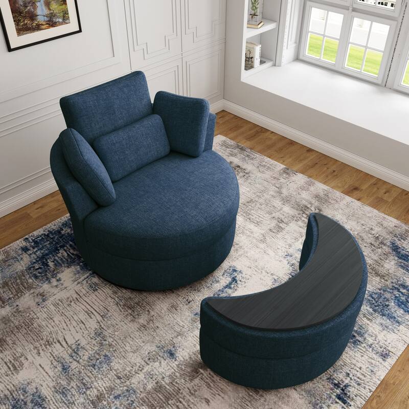 Chenille/Boucle Swivel Barrel Chair with Storage Ottoman
