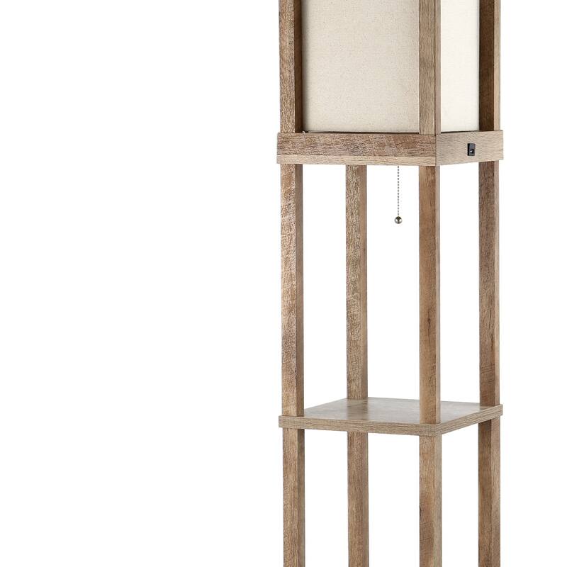 Zephyr 63.5" Rustic Bohemian Wooden LED 3-Shelf Floor Lamp with Pull-Chain, USB Charging Port and Smart Bulb, by JONATHAN Y