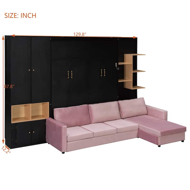 Queen Murphy Bed with Sofa and Cabinets Space Saving Sofa Wall Bed with Open Shelves and Dual Lights for Living Room Guest Room
