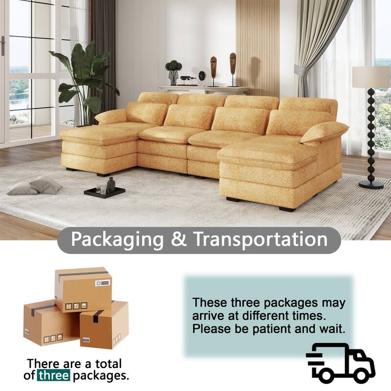 U-Shaped 111.8" Cloud Combo Sofa 4-Seater Chenille Fabric Sofa with Arms