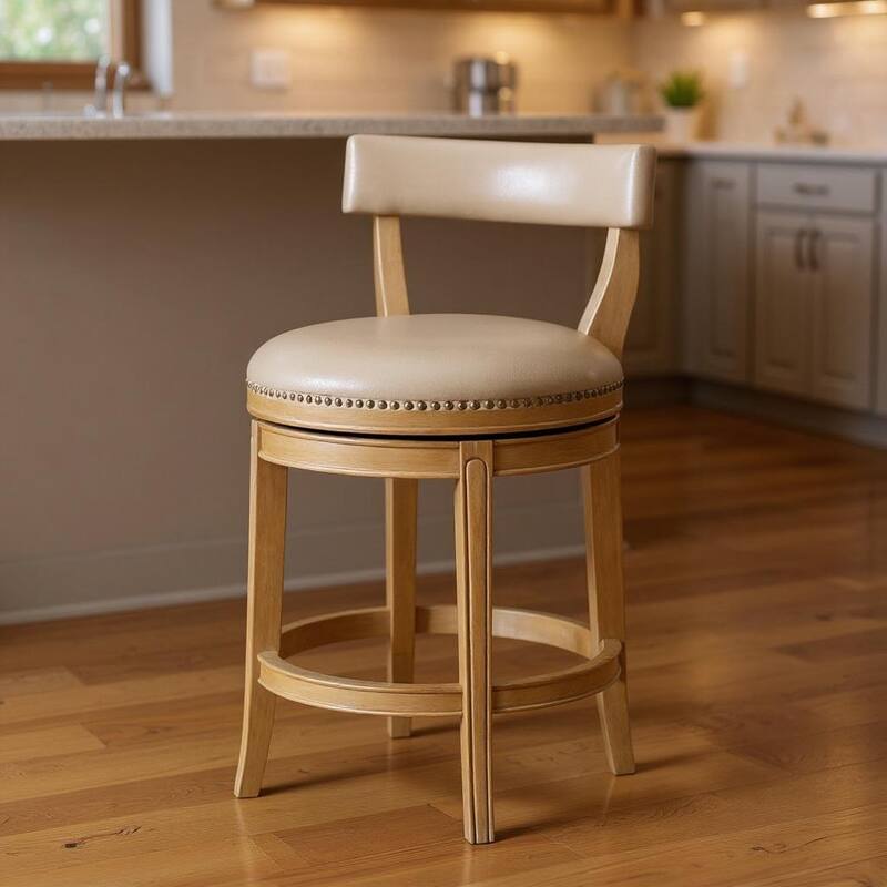 HomeRoots 26" Beige and Natural Faux Leather and Solid Wood Low Back Counter Height Swivel Bar Chair - Counter Height - Beige - Single