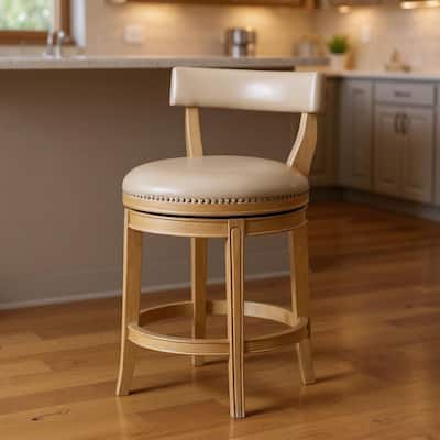 HomeRoots 26" Beige and Natural Faux Leather and Solid Wood Low Back Counter Height Swivel Bar Chair