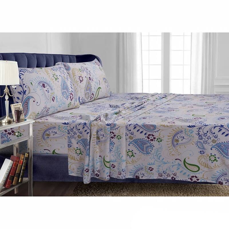 Flannel 170-GSM Printed Extra Deep Pocket Bed Sheet Set - King - Paisley Garden