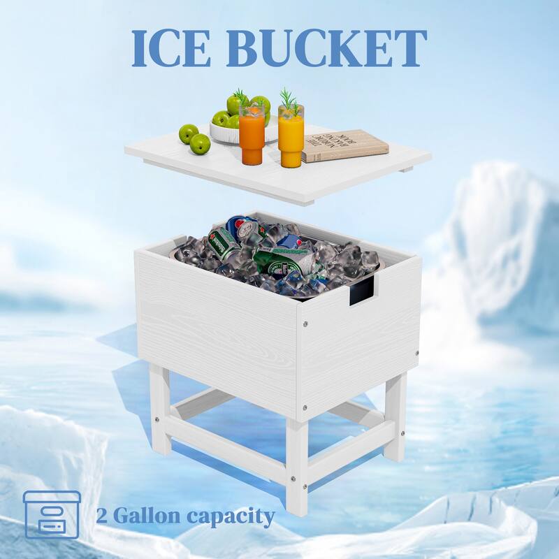 Outdoor Patio Weather Resistant HDPE Coffee & Side Table, Build-in Stainless Steel Cooler Bucket