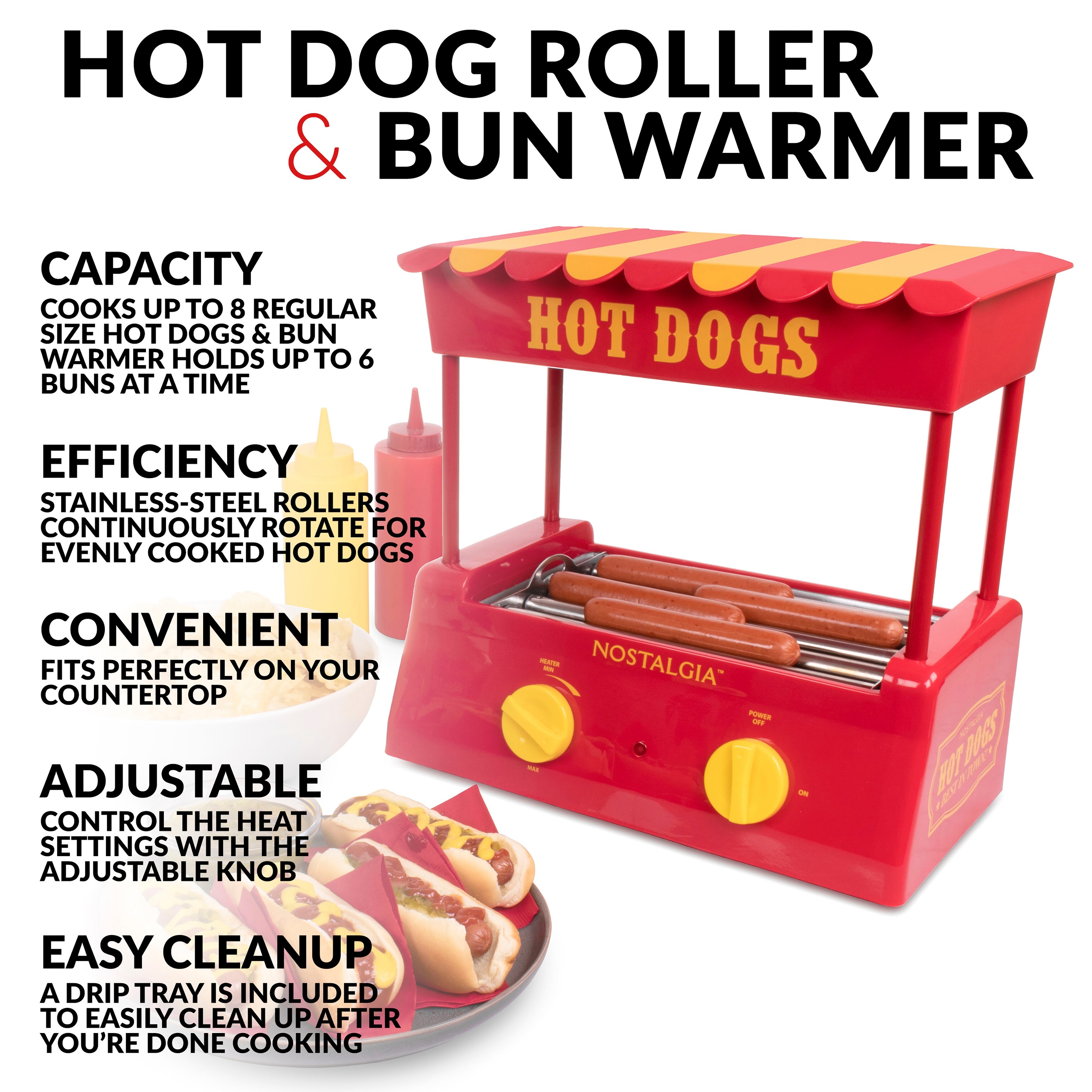 Nostalgia Hot Dog Roller and Bun Warmer, 8 Hot Dog and 6 Bun