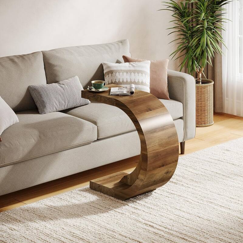C-Shaped End Table, Wood Side Table for Couch Sofa Living Room
