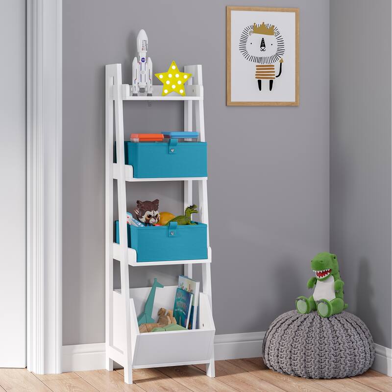 RiverRidge Kids 4-Tier 13in Ladder Shelf Toy Organizer with 3 Open Display Shelves - White with Two 5" Fabric Bins - Turquoise