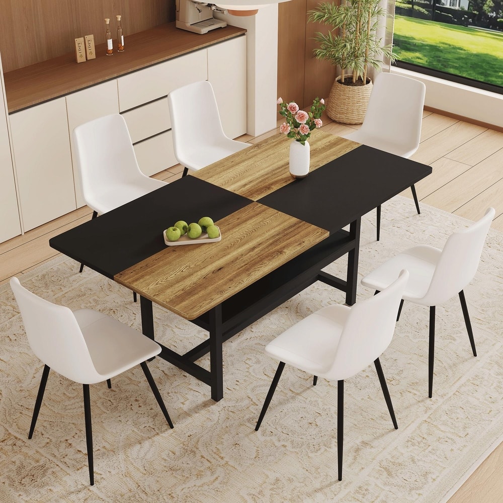 7-Piece Kitchen & Dining Room Table Set, 71" Wood Two-Tone Table with Storage Shelf, 6 Chairs, Dining Table & Chairs Set for 6