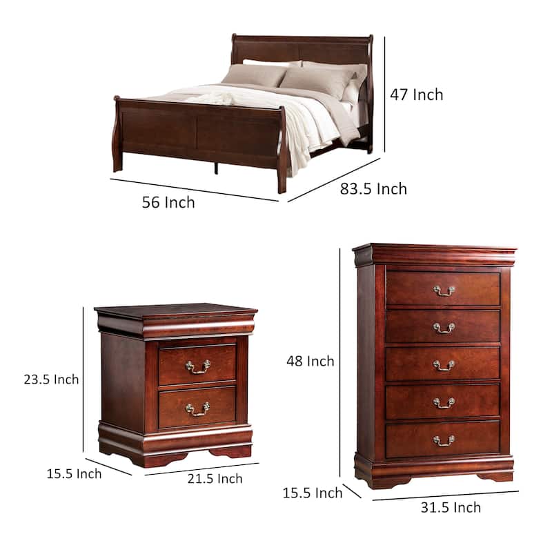 Poy Three Piece Full Size Bedroom Set, Metal Hanging Pulls, Cherry Brown Wood