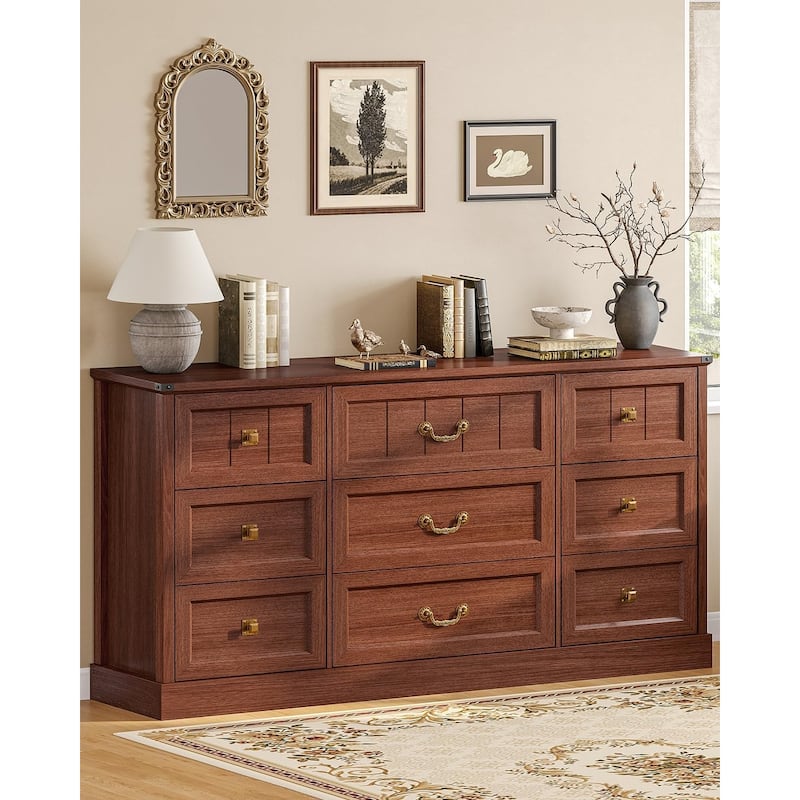 Farmhouse Drawers Dresser for Bedroom Wood Rustic Chest of Drawers - Brown - 9-drawer