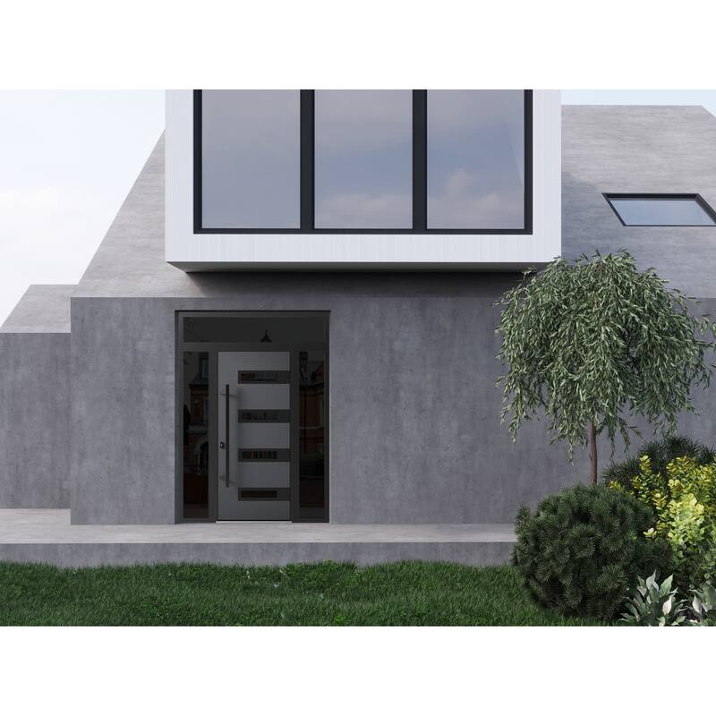 Front Prehung Steel Door Ronex 1055 Teak 2 Side and Top Window Sidelite W16+36+16xH80+16 Lh I