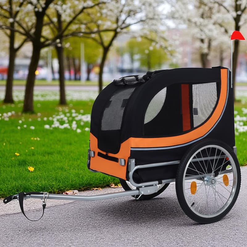 Folding Dog Bike Trailer 66LB Capacity - All-Terrain Pet Carrier with Steel Frame, Rain Cover & Mesh Windows