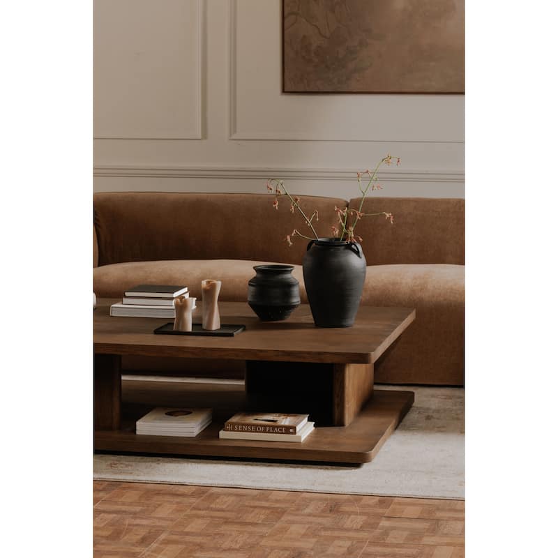 NADAAL STUDIOS Thalor Coffee Table, Large Rectangular Solid Oak Edge, Bullnose Vertical Support, Dark Brown