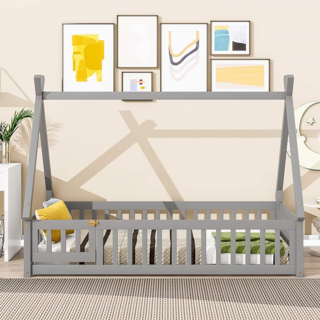 Twin Tent-shaped Floor Bed with Guardrails
