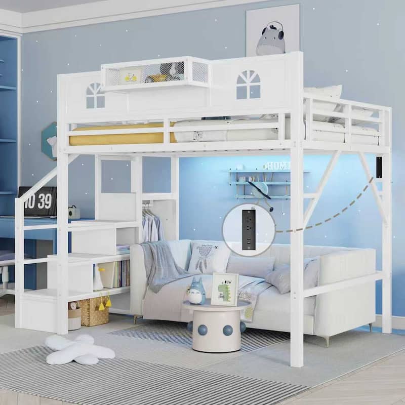 Full / Queen Size Loft Bed with Stairs, House Shaped Guardrails, and Wardrobe Storage - White - Full