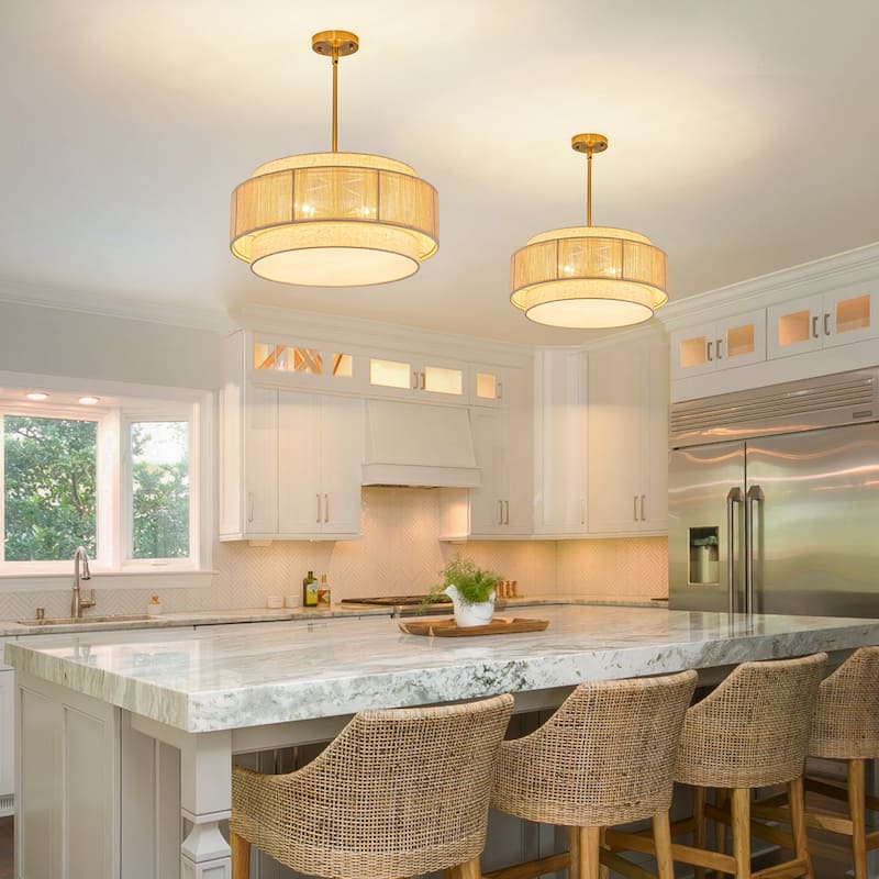 4-Light Off-white Drum Chandelier Kitchen Island Pendant Light