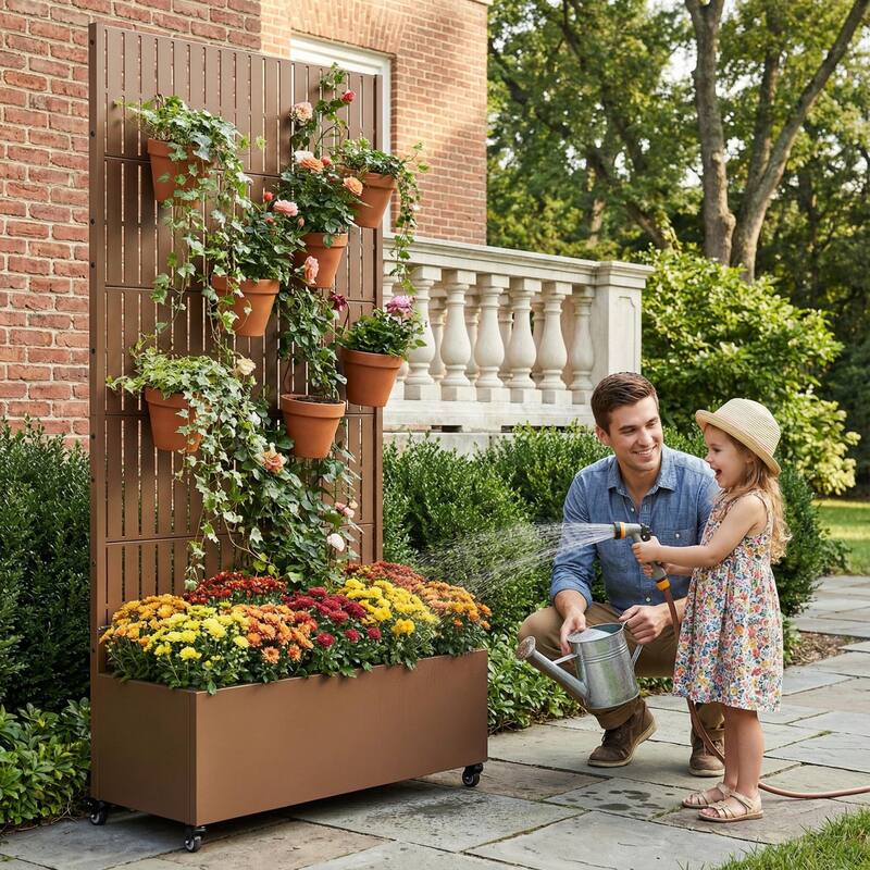 Raised Garden Bed Planter with Trellis Movable Planter Box with Lockable Wheels