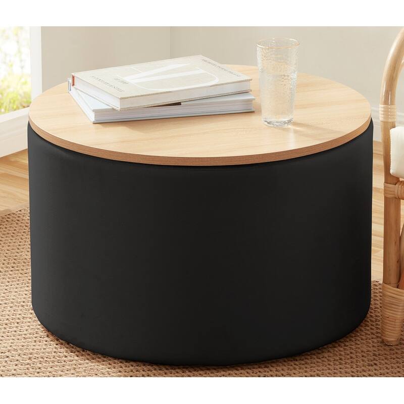 Parker Large Round Storage Coffee Table Ottoman with Wooden Lift Off Lid