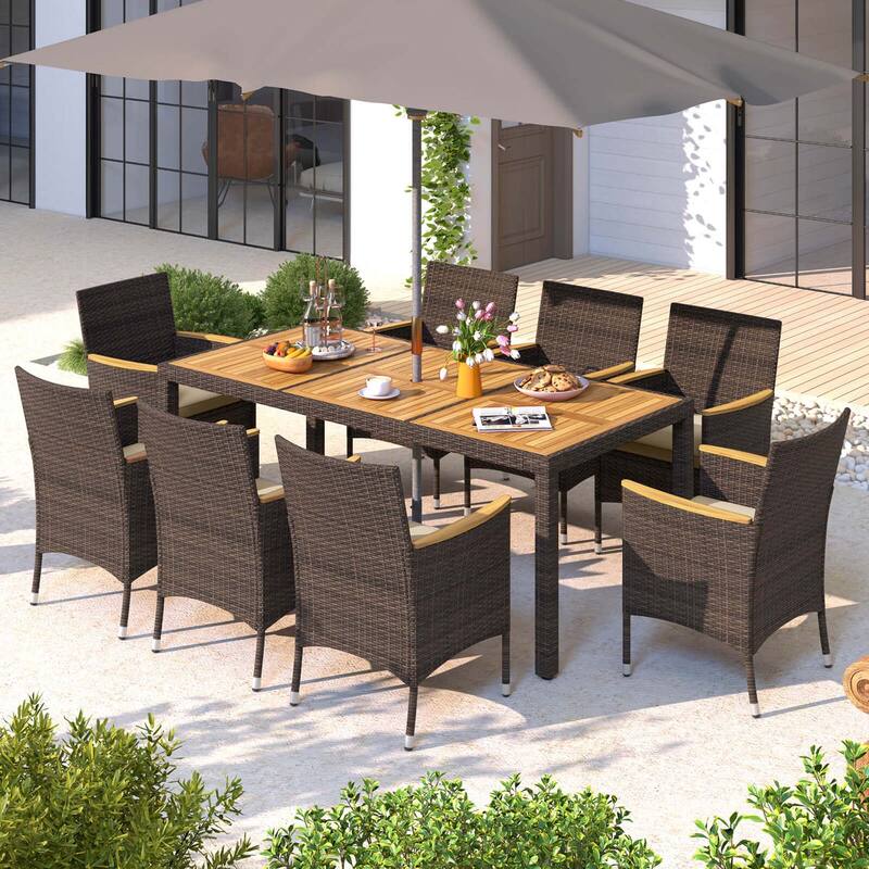 Costway 9PCS Outdoor Dining Set with Acacia Wood Table Top Patio - Beige