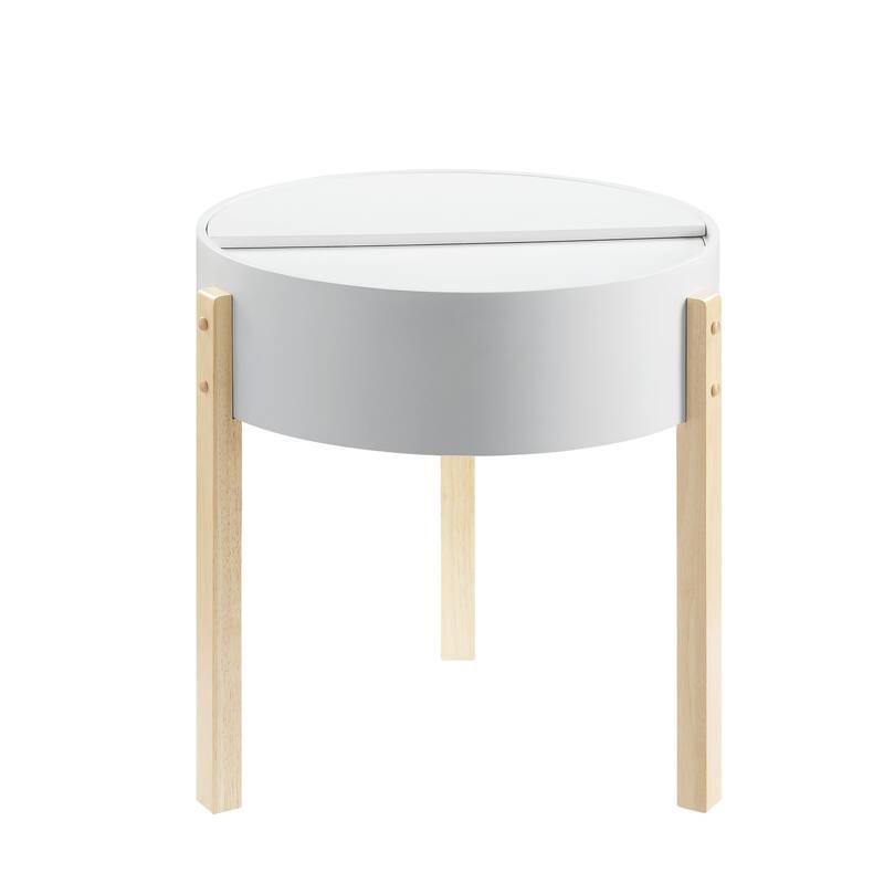 Round Wooden End Table with Hidden Storage, White and Brown