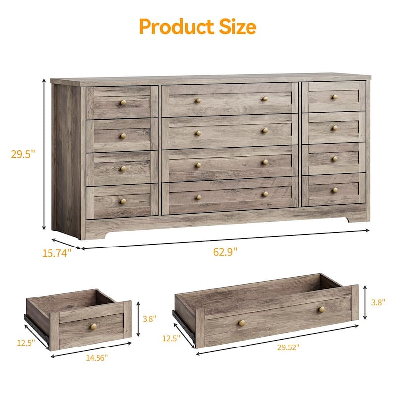 12 Drawer Dresser for Bedroom, Modern Wood Chest with Wide Top for 65" TV, Farmhouse Storage Cabinet