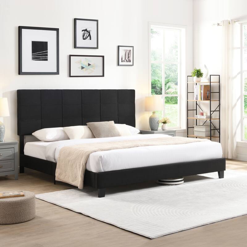 King Size Upholstered Platform Bed Frame with Linen Headboard, No Box Spring Needed, Wood Slat Support - Black