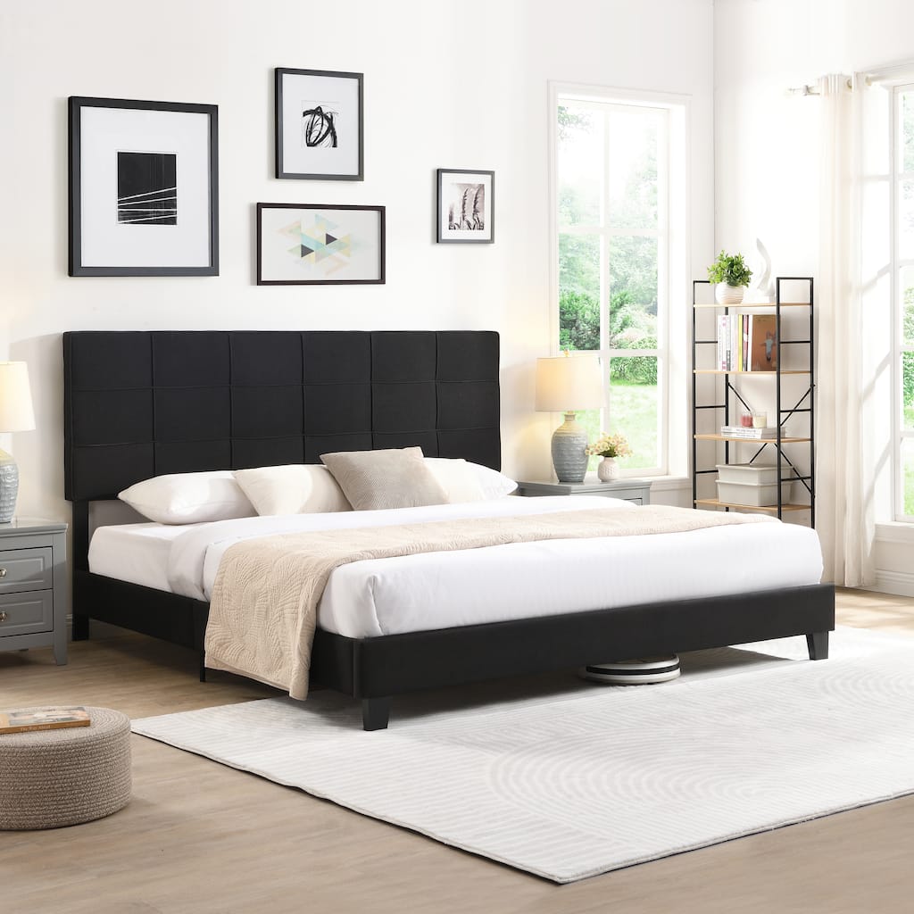 King Size Upholstered Platform Bed Frame with Linen Headboard, No Box Spring Needed, Wood Slat Support