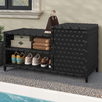 Moasis All Weather Wicker Shoe Organizer with Open Shelf and Cabinet