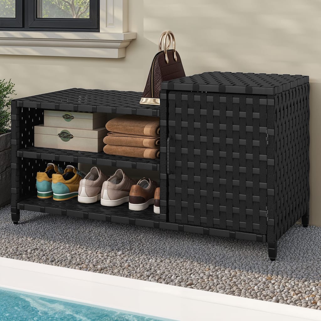 Moasis All Weather Wicker Shoe Organizer with Open Shelf and Cabinet