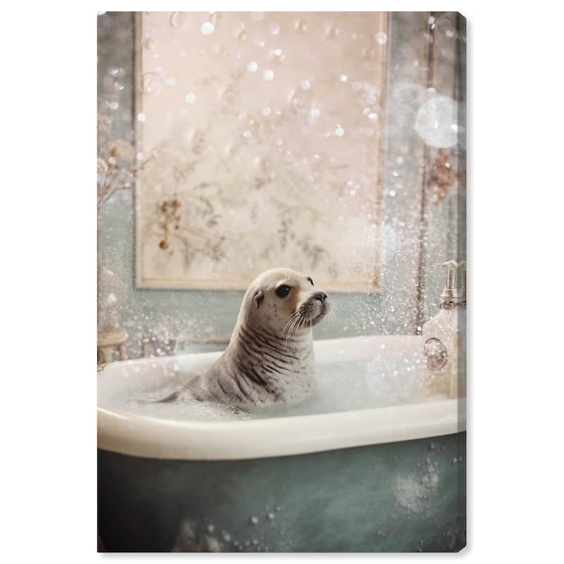 Wynwood Studio Canvas Animals Seal Bubble Bath White and Light Blue Traditional Wall Art Canvas Print - White, Blue