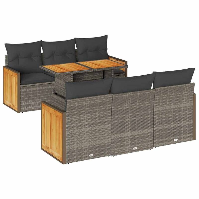 vidaXL Patio Sofa Set with Cushions Modular Sofas 7 Piece Poly Rattan Acacia - 68.1 x 24.4 x 27.2 in