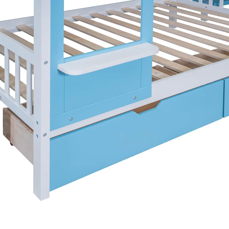 Castle Style Bunk Bed with 2 Drawers 3 Shelves and Slide