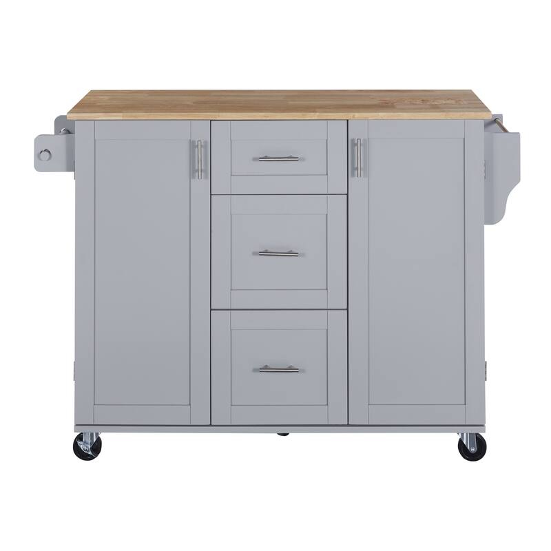 50'' Rubber Wood Kitchen Island with 3 Drawer, Rolling Wheels, 2 Slide-Out Shelf and Internal Storage Rack