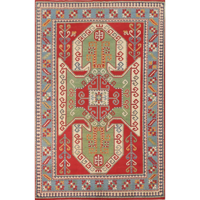 Green & Red Kazak Area Rug Hand-Knotted Wool Carpet - 6'7" x 9'7"