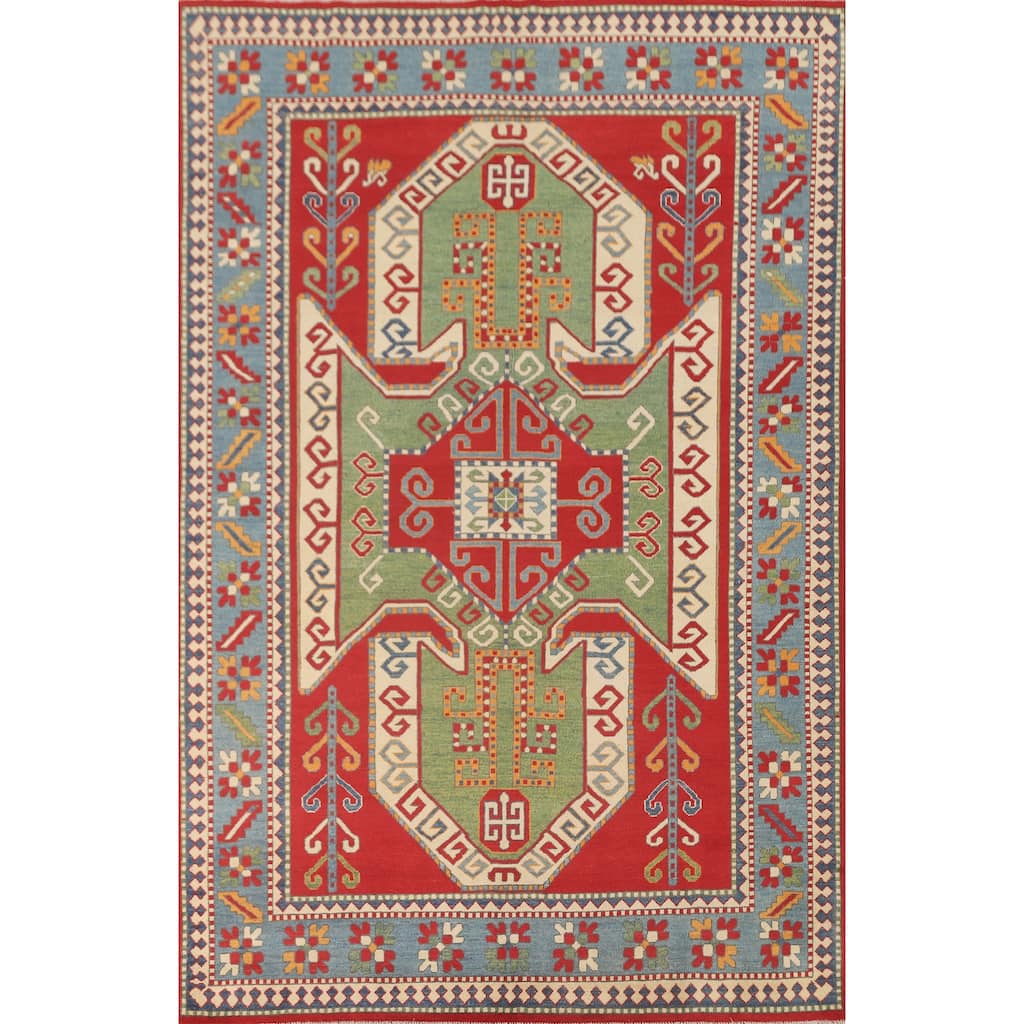 Green & Red Kazak Area Rug Hand-Knotted Wool Carpet - 6'7" x 9'7"