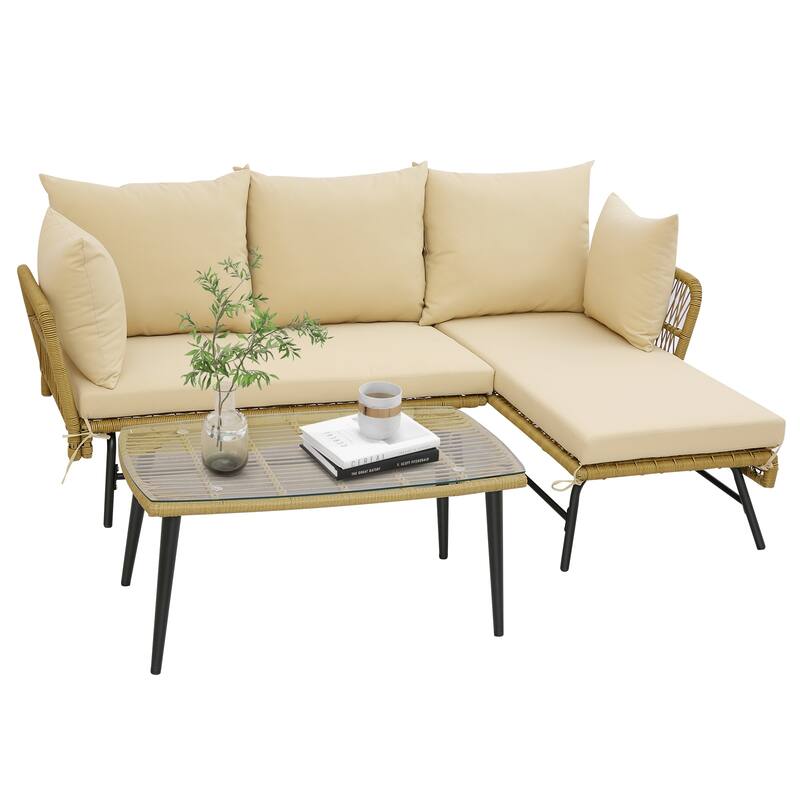 3 Pieces L-Shaped Patio Sofa with Cushions and Tempered Glass Table - Lounge Sofa: 51.5" x 27" x 32"