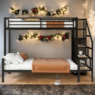 Black Metal Frame Twin/Full Platform Beds, Storage Stairway Bunk Bed with Wardrobe