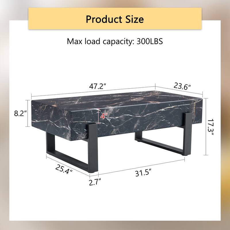 47.2" Modern Rectangular Coffee Table with Black Metal Legs and Anti-Slip Bottom Design