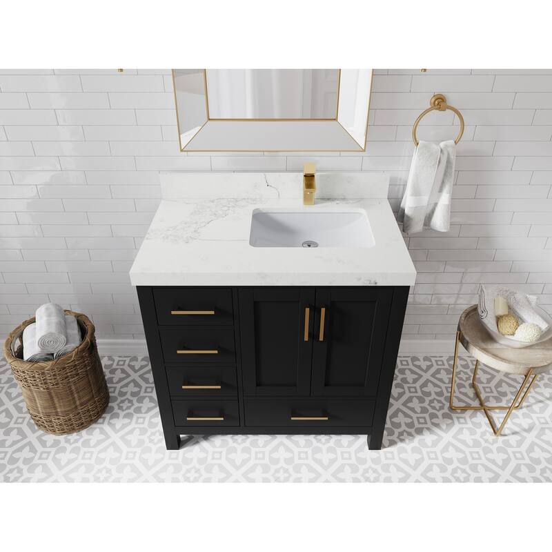 Willow Collections 36 in. W x 22 in. D Malibu Right Offset Sink Bathroom Vanity with Countertop - 2" Calacatta Nuvo - Black