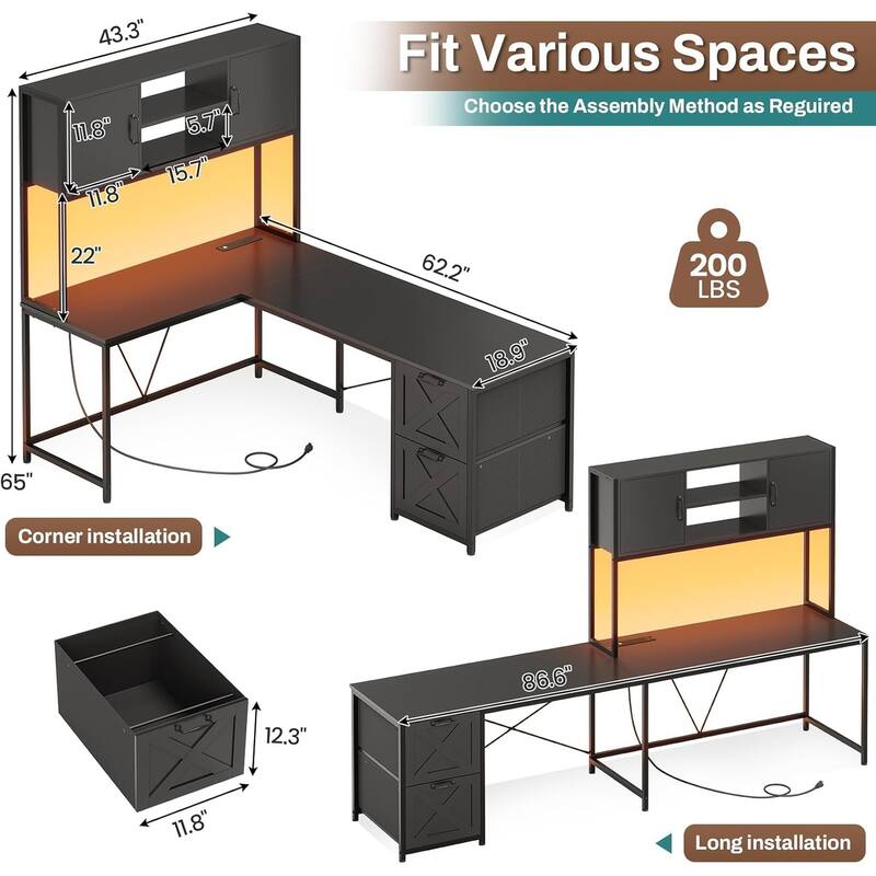 L Shaped Computer Desk with Drawers Corner Gaming Desk storage shelves