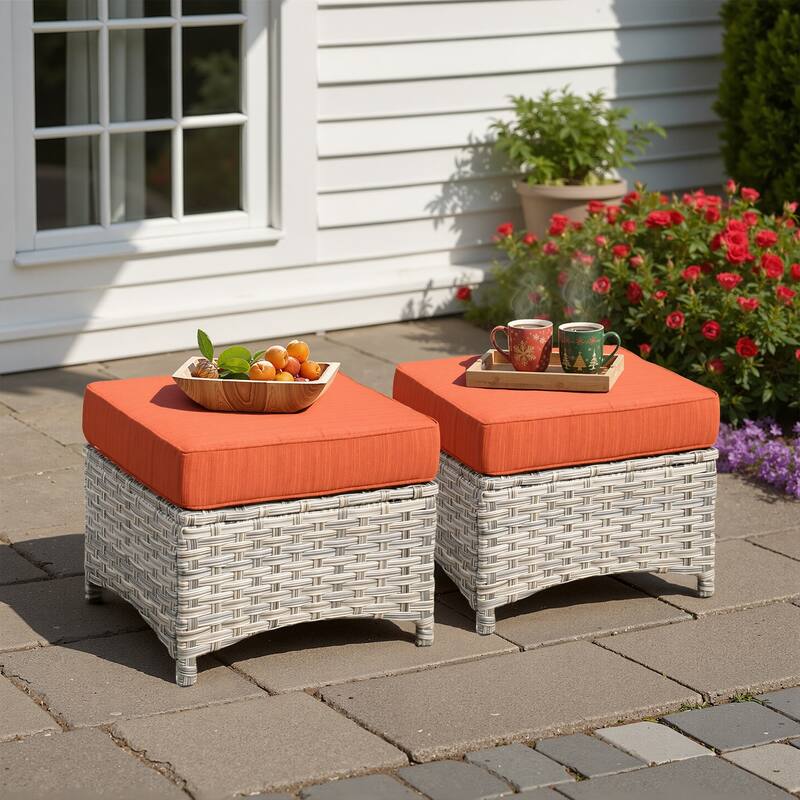 XIZZI Patio Wicker Ottoman with Cushion Outdoor Footrest - Red/Orange