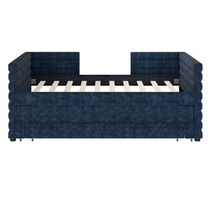 Twin Size Upholstered Daybed with Trundle and 3 Storage Drawers, Fabric Sofa Bed for Guest Room, Living Room