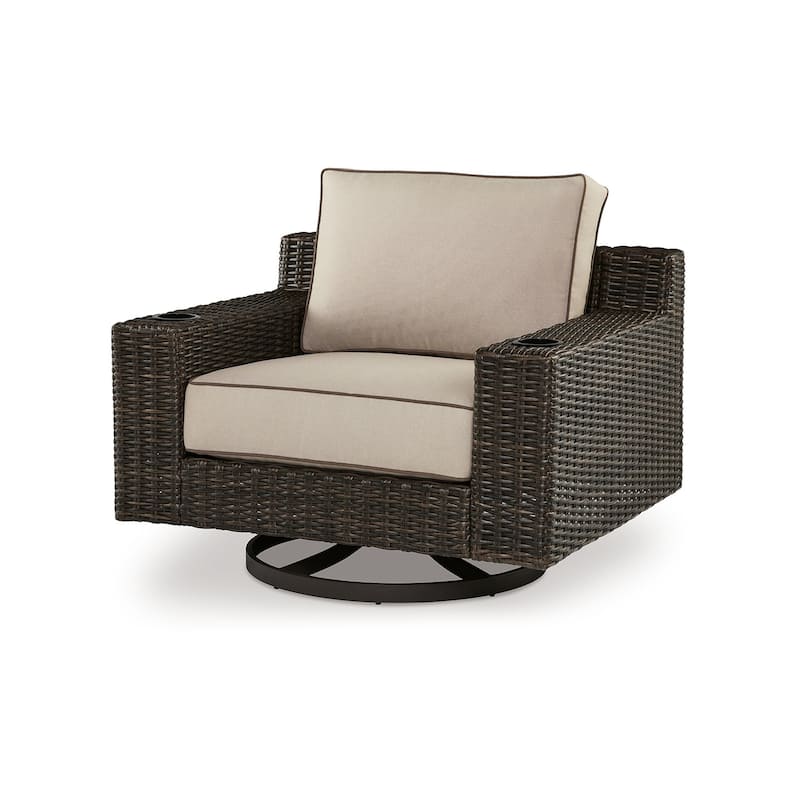 Waga 43 Inch Outdoor Swivel Lounge Chair, Cupholder, Brown Wicker, Beige