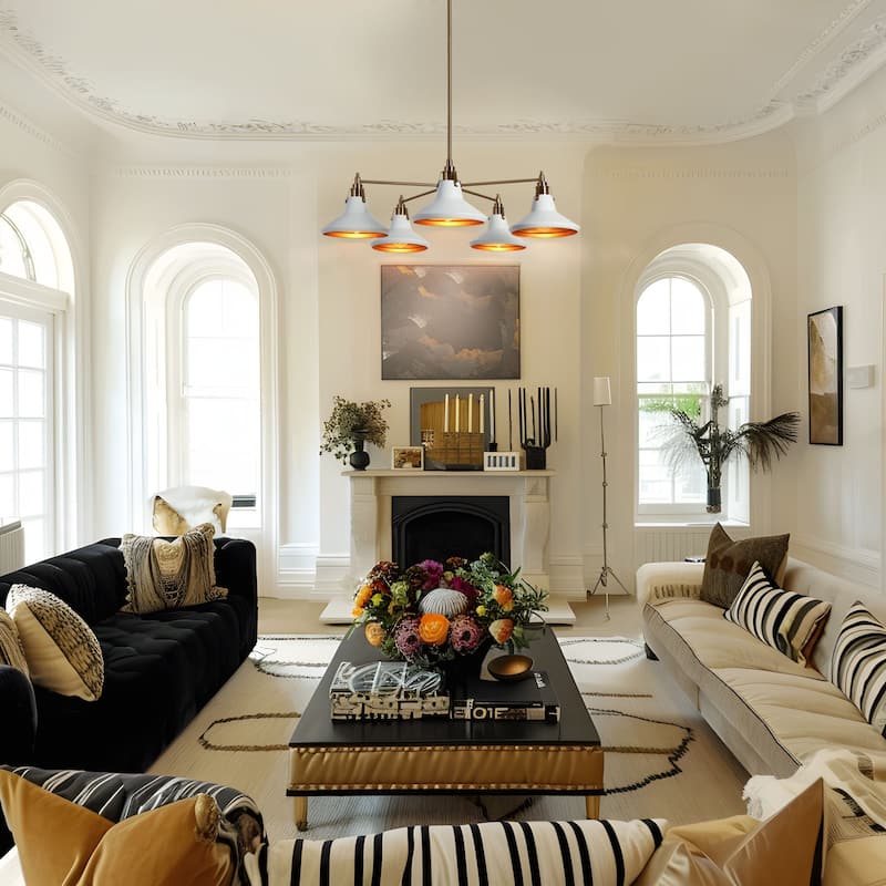 Modern 5-Light Gold Wagon Wheel Chandelier White Metal Shade Pendant Lights for Dining Room - 33" D x 9" H