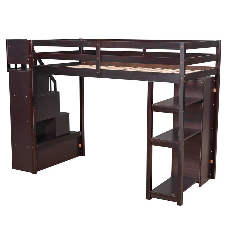 Twin Size Wooden Loft Bed with Storage Drawers, Shelves, and Stairs - Espresso