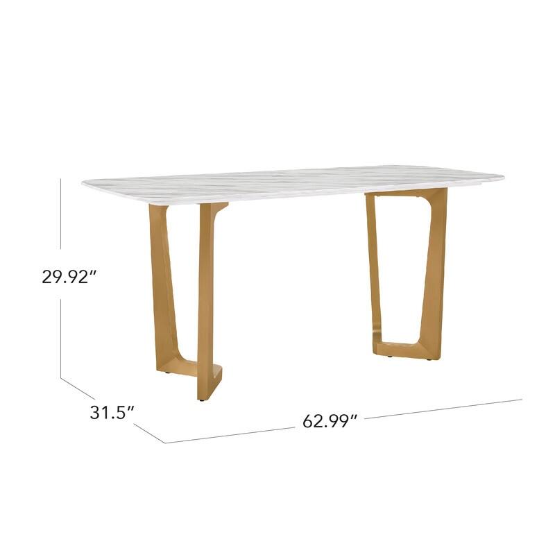 Spruce & Spring Modern Minimalist 63" Jazz White Marble Dining Table with Champagne Stainless Steel Base