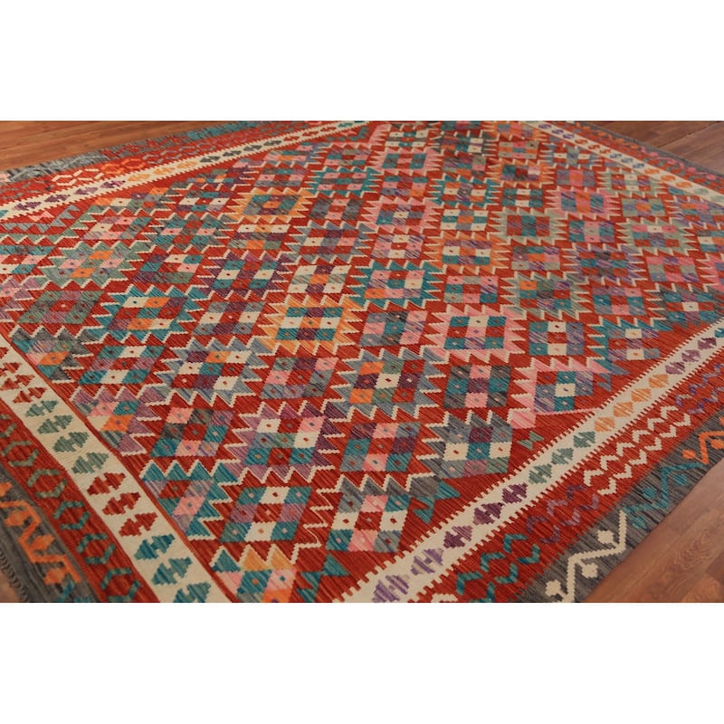 Geometric Orange Kilim Oriental Area Rug Handmade Wool Carpet - 8'5"x 11'4"