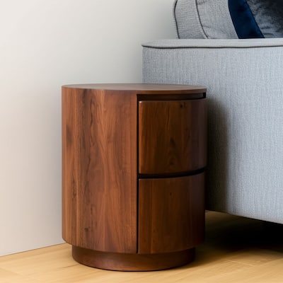 HomeRoots 24" Chestnut Solid Wood Round Drum End Table With Two Drawers - 18 in. x 24 in. x 18 in.