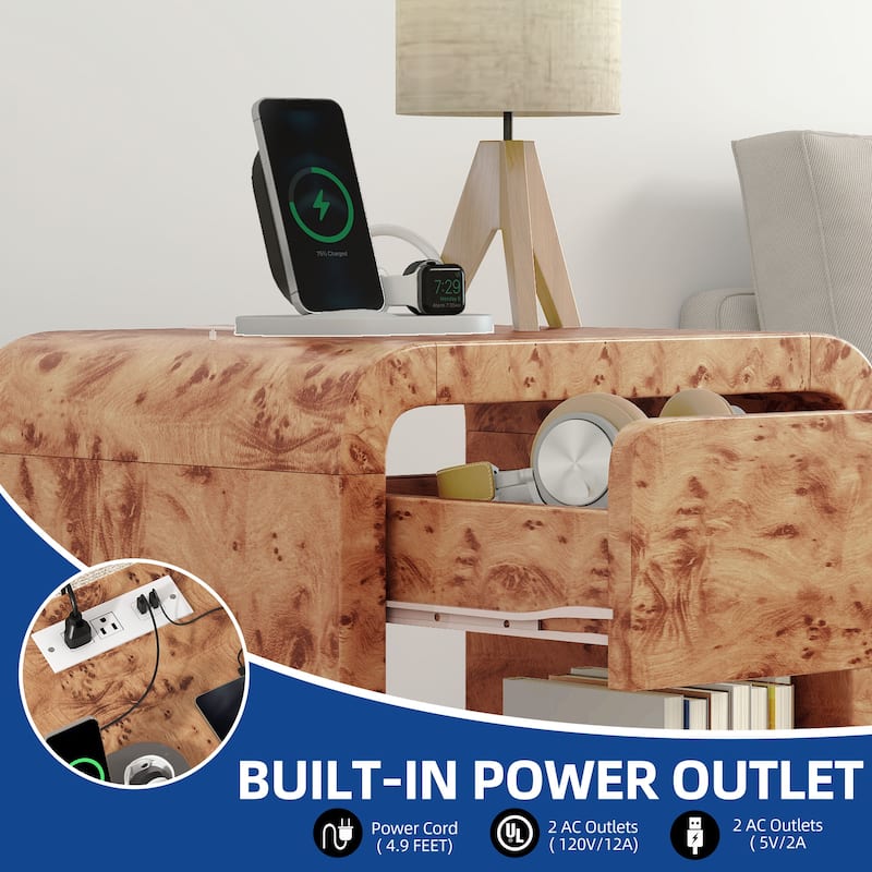 Moasis Sofa End Table with Charging Station, Side Tble with Storage Shelf and Drawer
